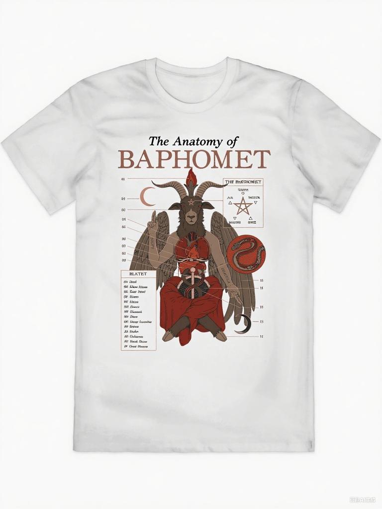 Retro Science Style Baphomet Tee Occult Anatomy Tshirt With Vintage Diagram Symbols Print Casual Cotton Top
