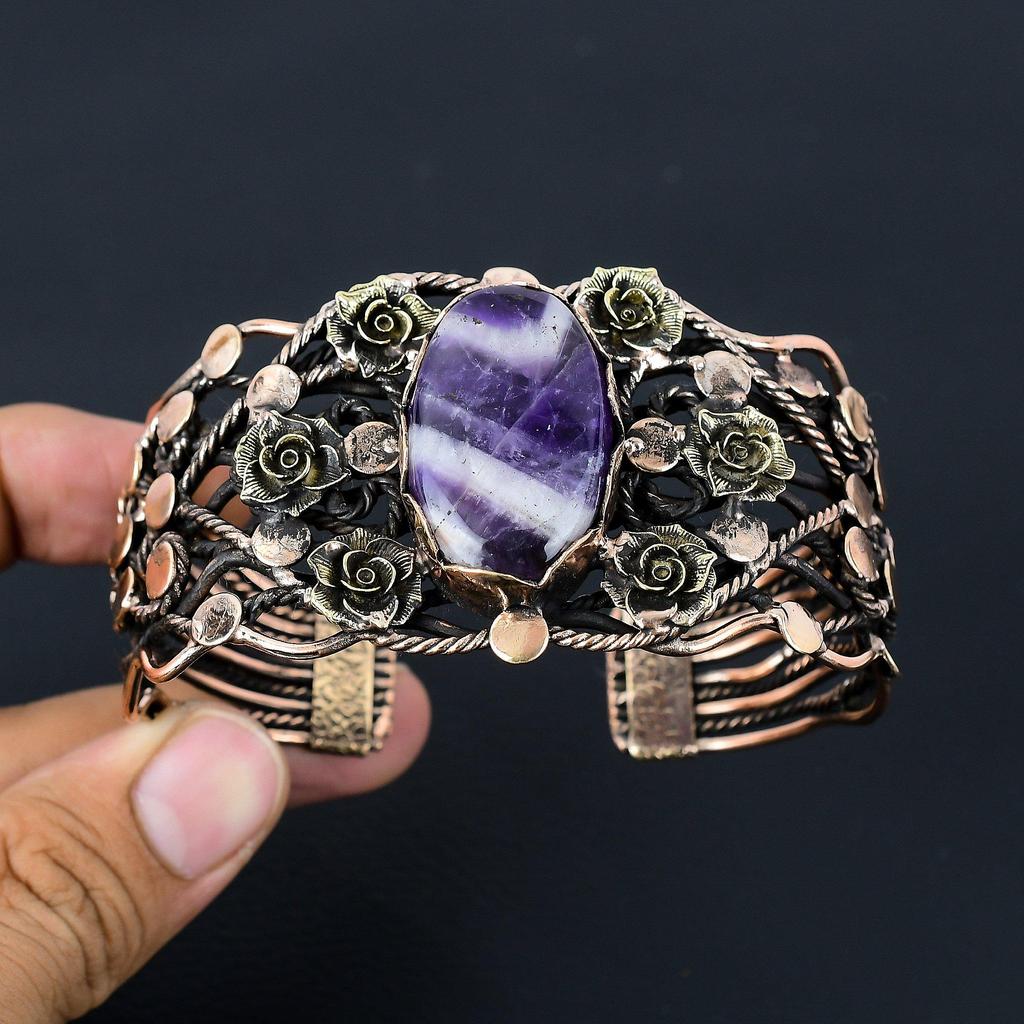 Шалфей Аметист Драгоценный камень Чистая медная проволока Обернутая вручную манжета/браслет Ювелирные изделия