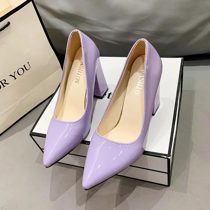 Fashion 2025 Shoes Thick Heel Woman Pumps Candy Color Women  Office Pointed Toe High Heels Wedding Female Heel Shoes
