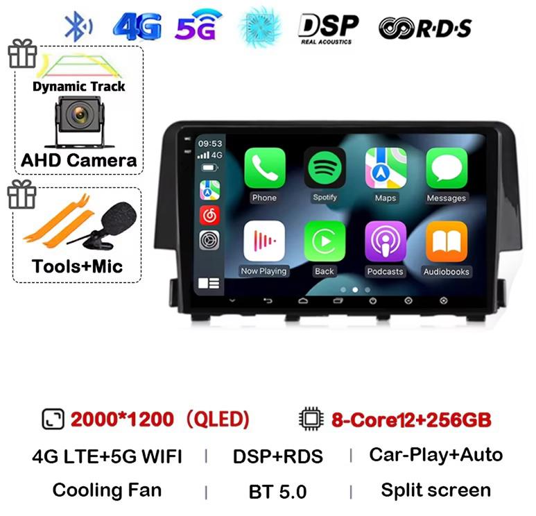 Android 14 Беспроводной Carplay Auto Для Honda Civic 2016 2017 2018 2019 2020 Автомагнитола Стерео Мультимедийный Плеер GPS 4G+WIFI DSP