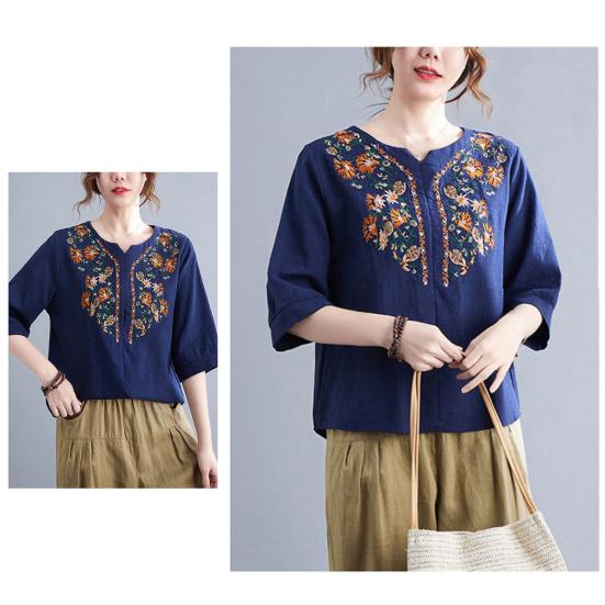 Women Summer Casual Shirt V-Neck Half Sleeve Pullover Tops Embroidery Floral Pattern Loose Fit Comfortable Breathable Blouse
