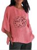 Women Fashion Cotton Linen 3/4 Long Sleeve Top Spring&summer O Neck Print Shirt Ladies Pullover Loose Blouse