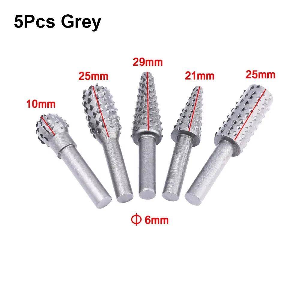 5/10Pcs Black Grey Rotary Burr Set 6mm Shank Grinding Head Drill Bits for Woodworking Root Carving