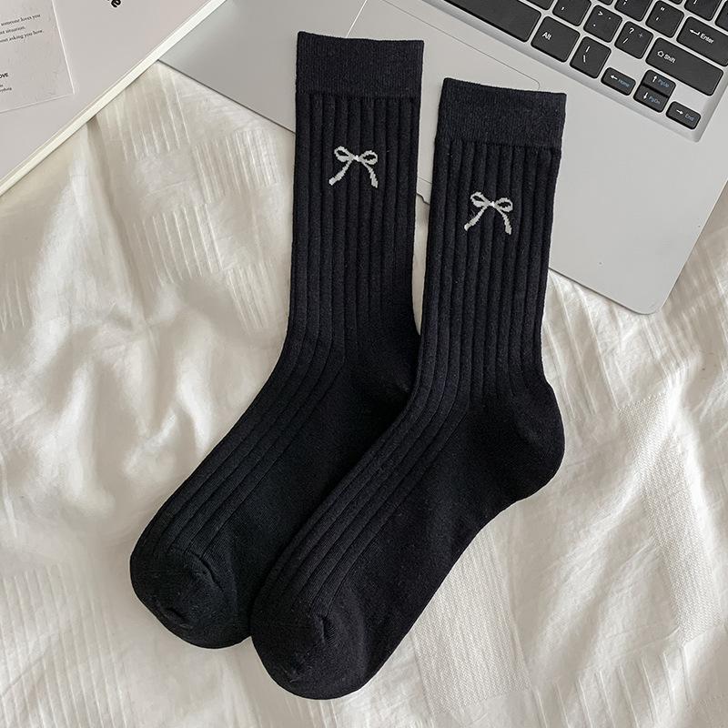 Women's Summer Thin Solid Color Bow Mesh Breathable Tube Stack Cotton Socks