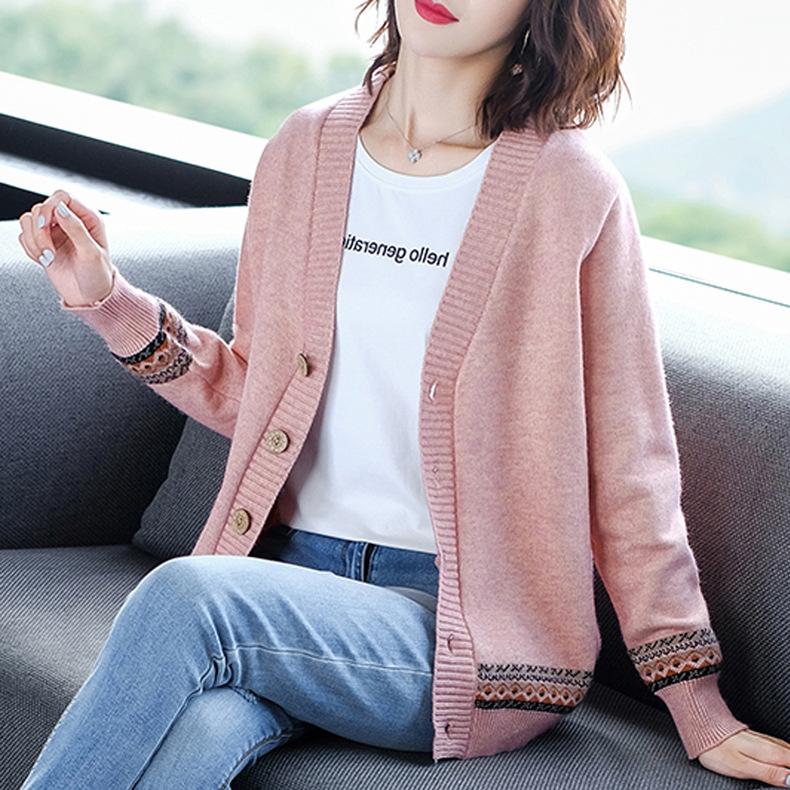 Осенне-зимний женский свитер, кардиган, жаккардовый свитер с v-образным вырезом, свежий вязаный свитер, женский кардиган, верхние топы с длинными рукавами, свободная куртка