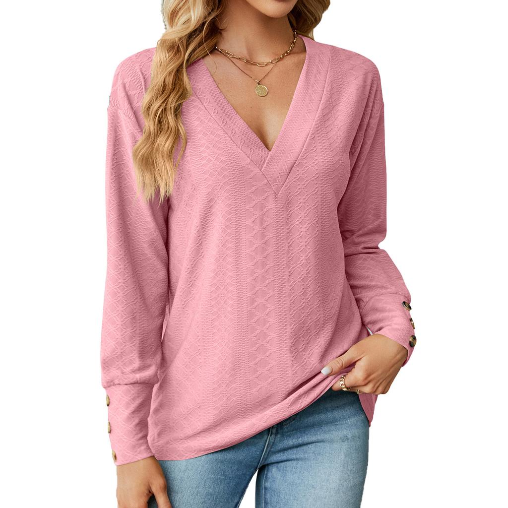2024 Европейская и Американская осень/зима Новая однотонная свободная футболка с V-образным вырезом и пуговицами для женщин