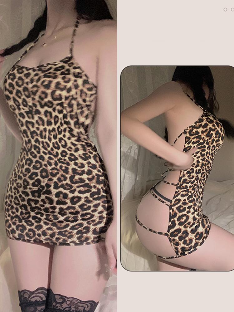 Сексуальная леопардовая ночная сорочка без спины, юбка-труба, эротическое ночное белье с вырезами, открытая промежность, откровенное экзотическое нижнее белье, бандажное нижнее белье