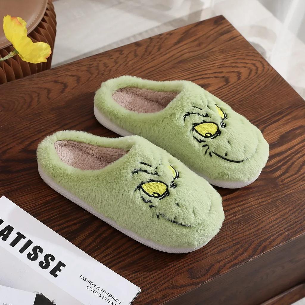 2024 Women Plush Slippers Autumn Winter Warm Funny Green Haired Monster Shoes Cute Fluffy House Non Slip Couples Cotten Slippers