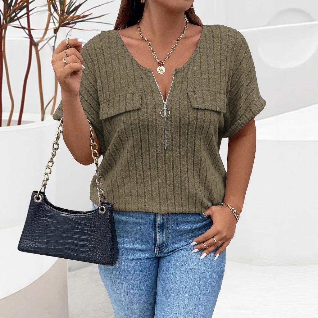 Spring Summer New Solid Color Women's Top Zip Short Sleeve Faux Pocket Pullover T-shirt Loose