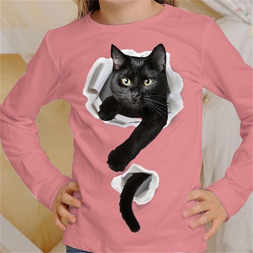 Girl Clothes Casual 3D Cat Graphic T Shirts Long Sleeve Tshirts Round Neck White T-Shirt Fashion Tops Outdoor Clothing for Girls
