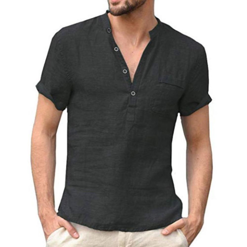 Summer Cotton Linen Short Sleeve Men's Shirt Solid Color Pocket Stand Neck Button Half Open Black Shirts