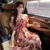 Women's French Rose Print Square Neck Dress - Spring/Summer 2025 Holiday Style with Pleated Waist.