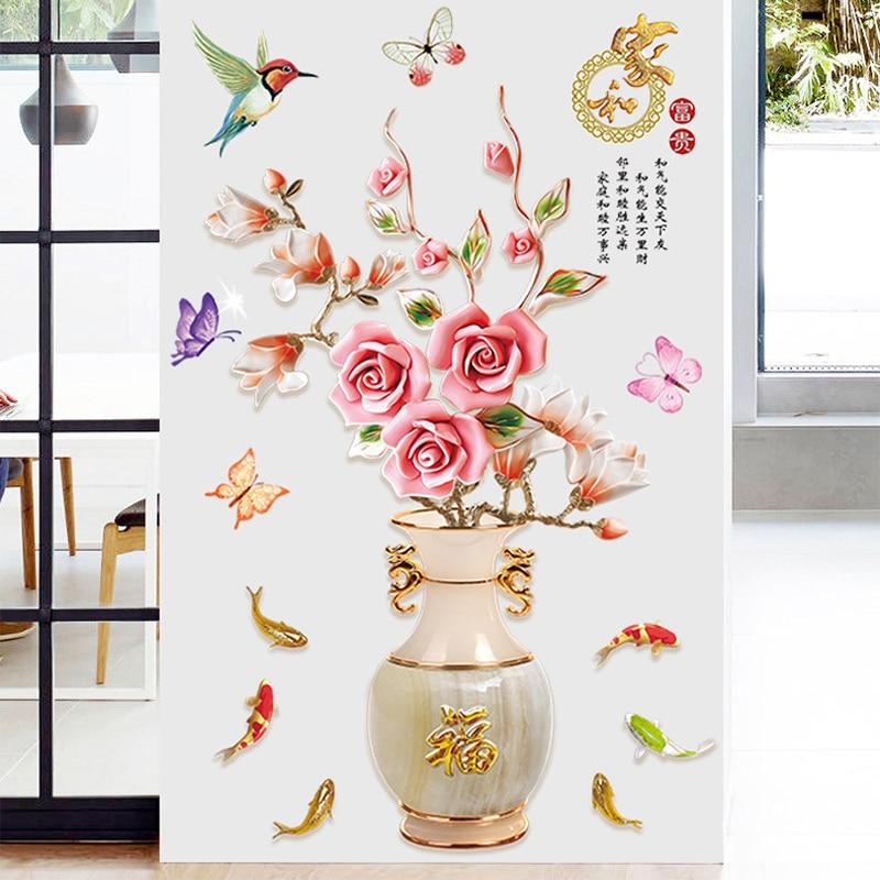 Chinese Style Classical Vase Flower Wall Sticker Rose Lotus Butterfly Decoration Decals Removable Wall Art Home Decor