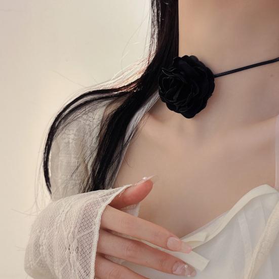 3D Rose Flower Choker Necklace Retro Black White Elegant Lace Up Adjustable Strappy
