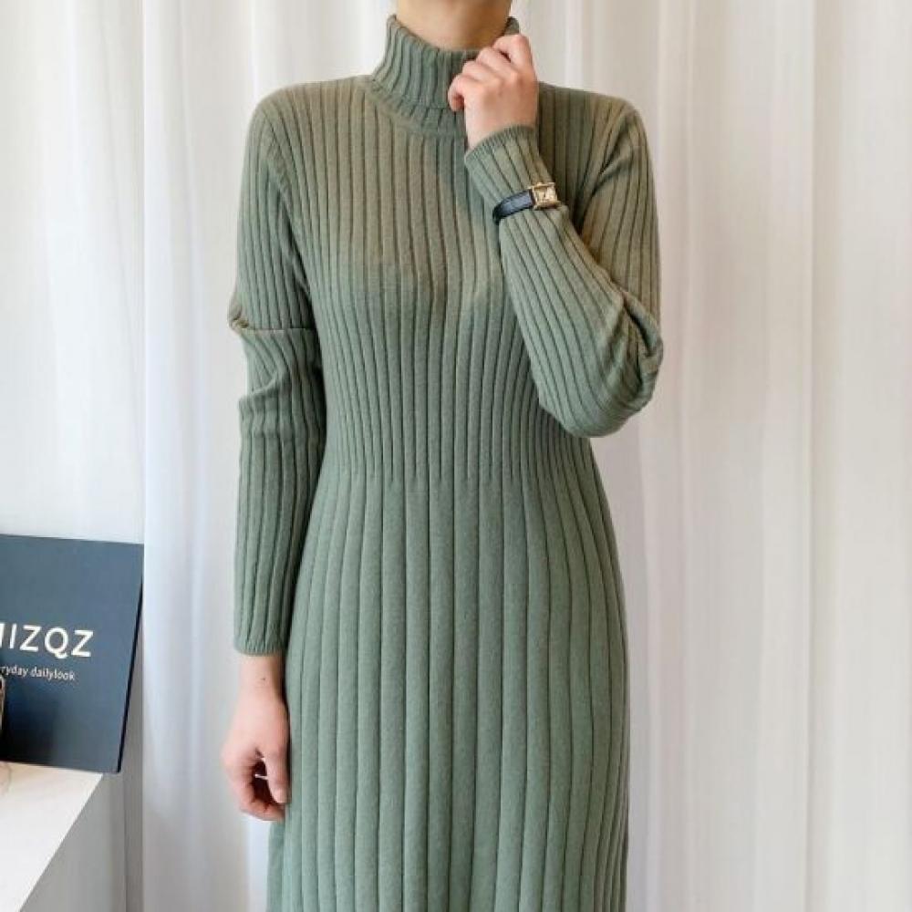 Mizqz Turtleneck Ribbed A Line Long Knit Dress Big Size
