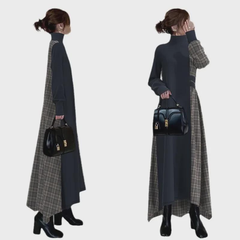 2024 Осень/Зима Японское клетчатое платье-халат с разрезом для зрелых женщин
