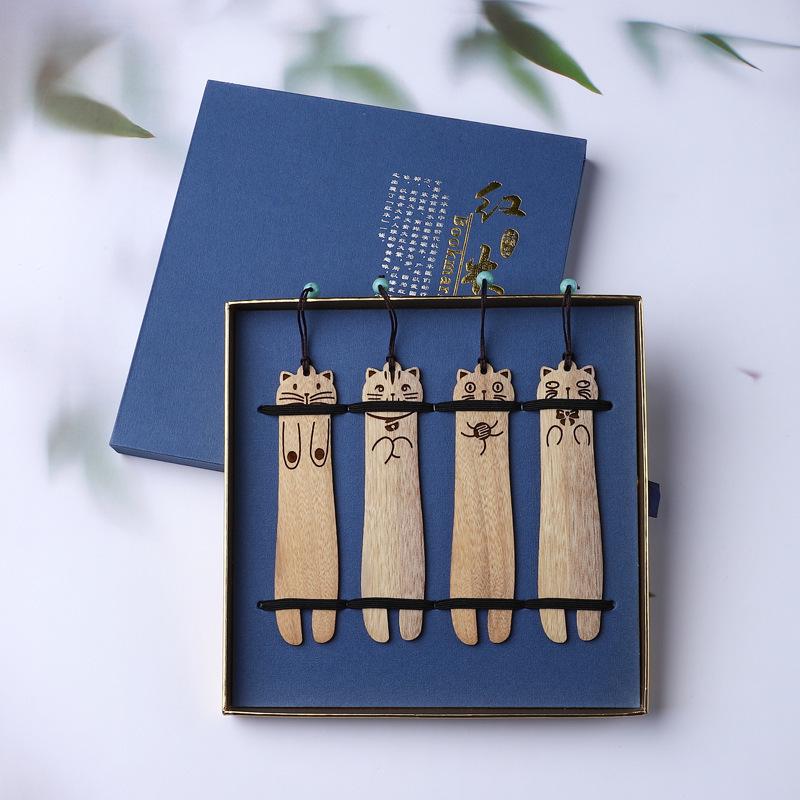 Retro Solid Wood Cat Bookmark Gift Box - Exquisite Literary Cartoon Design