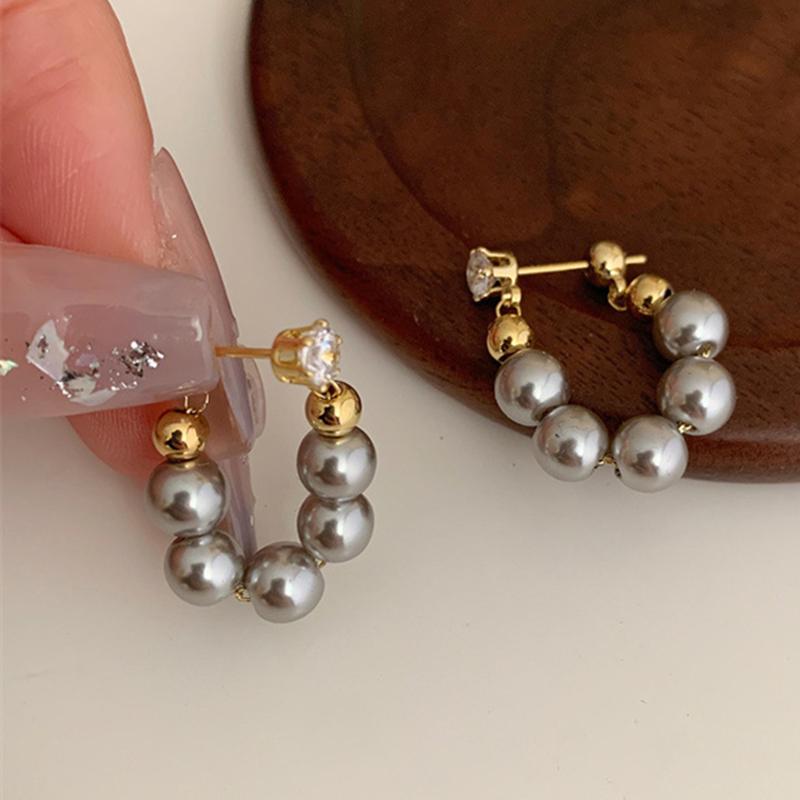 Delicate Gray Pearl Zircon Hoop Earrings for Women Vintage Elegant Crystal Beaded Earrings Bride Wedding Jewelry Gifts