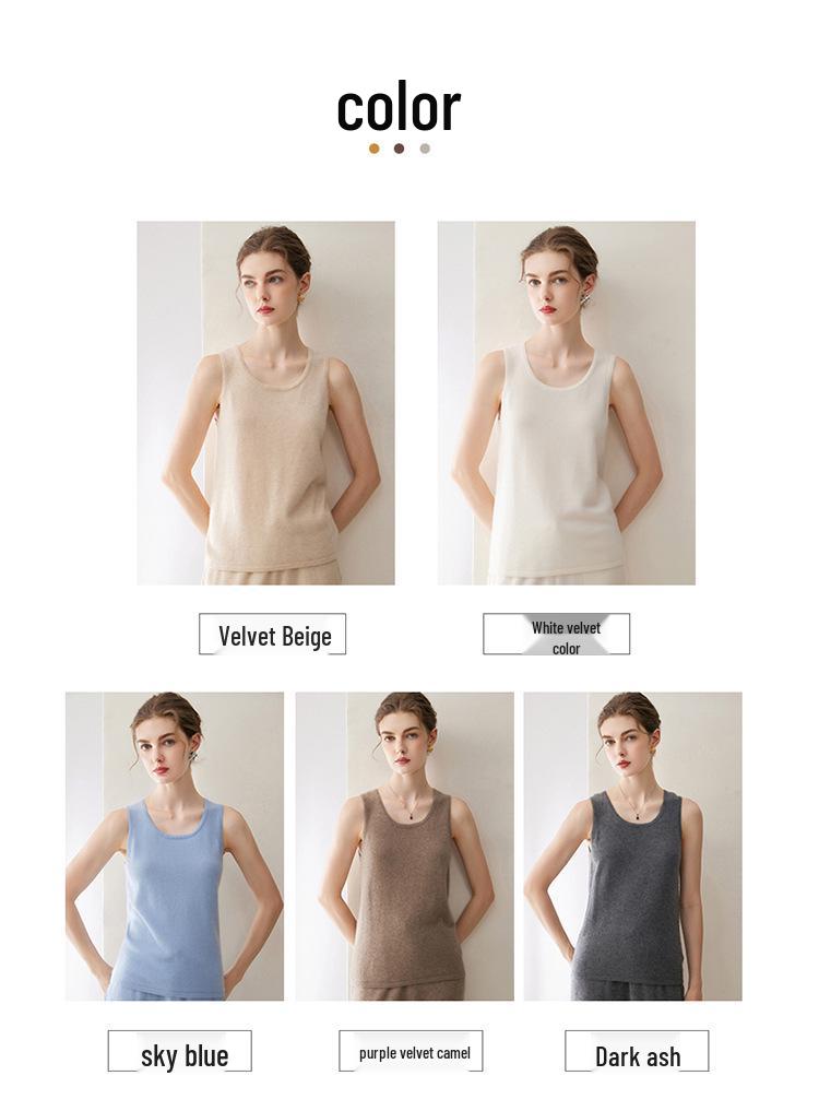 Women's Cashmere Sleeveless Camisole: Low-Neck Knit Top in Winter White, Blue, Green, Velvet, and Rice Colors.