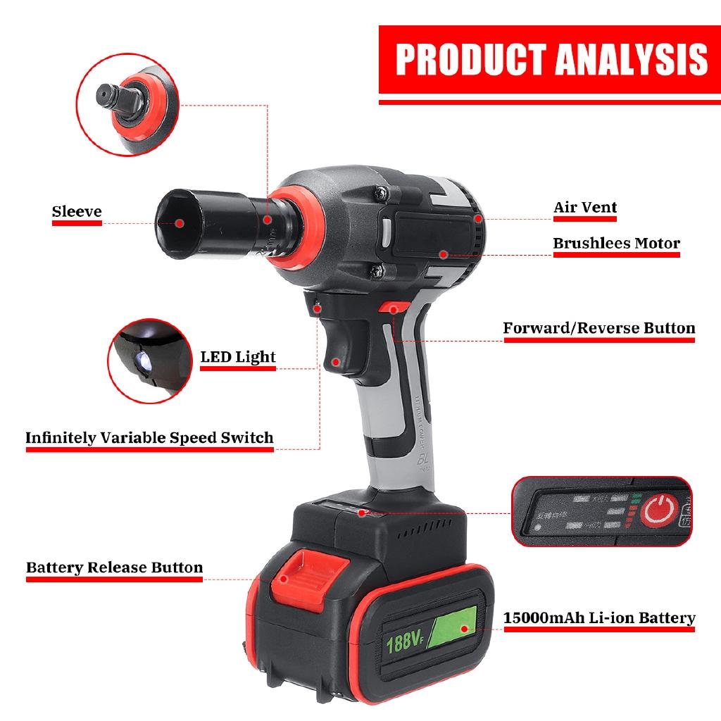 188V Brushless Cordless Electric Wrench Impact Socket Wrench 15000mAh Li-ion Battery Hand Drill Installation Power Tools