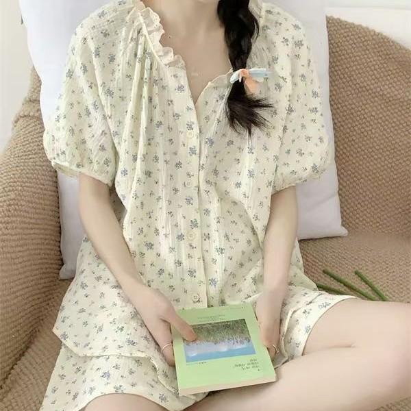 Sweet full print floral pajamas women's summer short-sleeved shorts ins style suit beautiful girl loungewear two-piece set