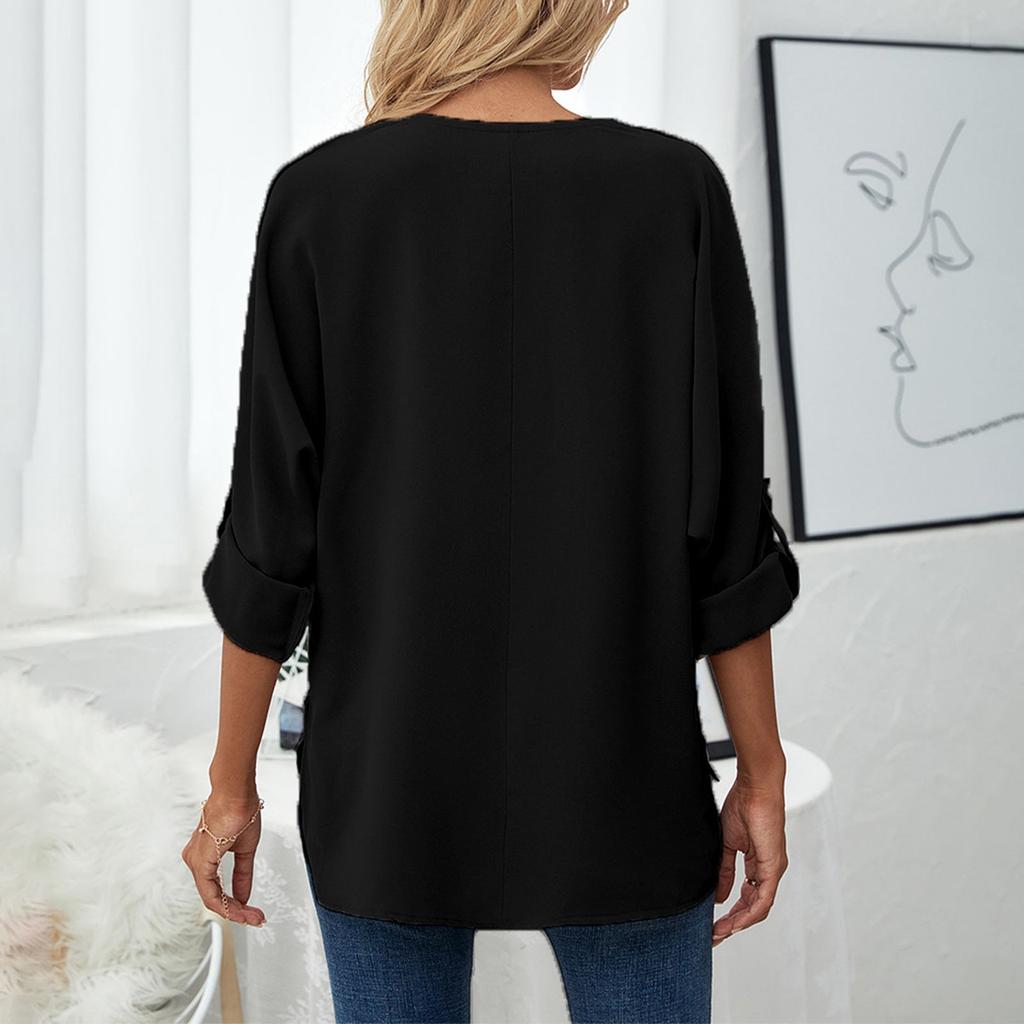 Solid Color Fashionable Chiffon Shirt Women's V-Neck Long-Sleeved Casual Top