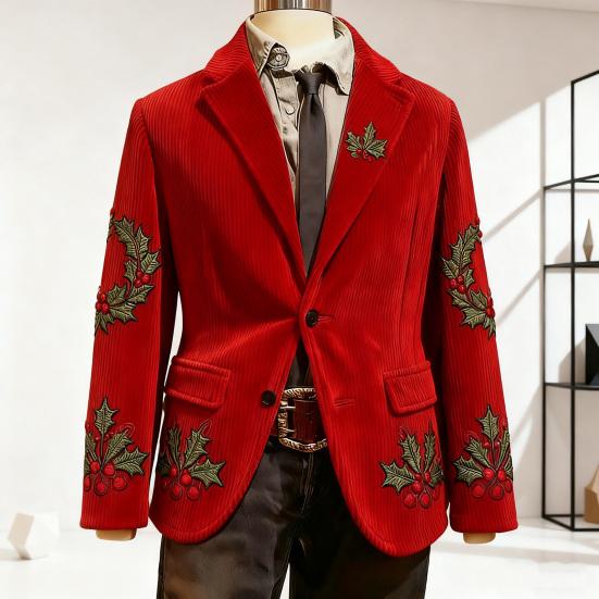Men Corduroy Suit Coat Single-Breasted Suit Jacket Lapel Long Sleeve 3D Christmas Themed Print Slim Fit Suit Jacket Formal Stage Wear