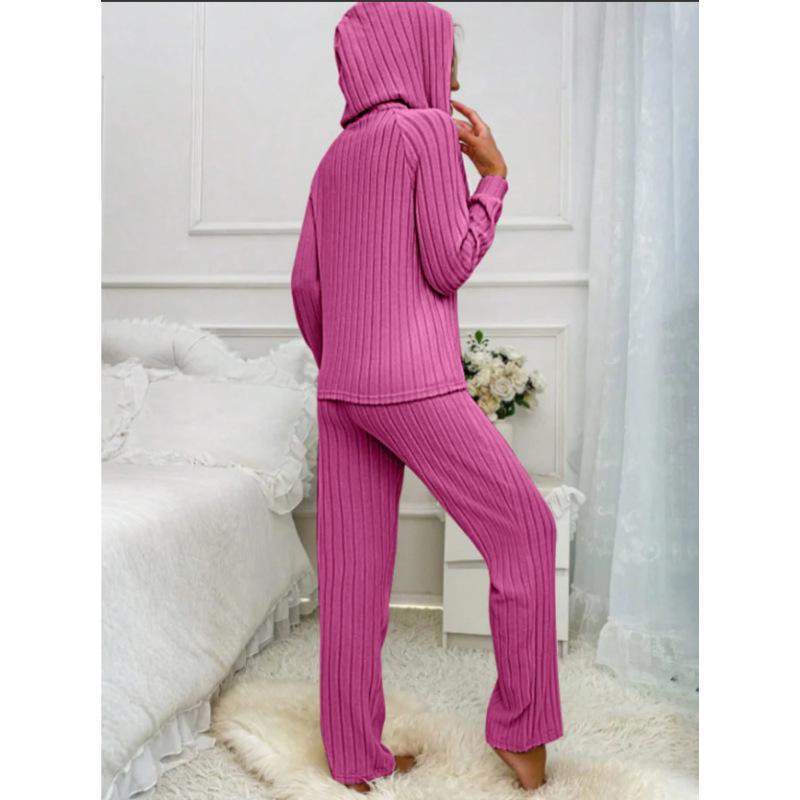 Women's Home Wear Set Casual Fashion Pit Strip Brushed Long-sleeved Hooded Button T-shirt Trousers