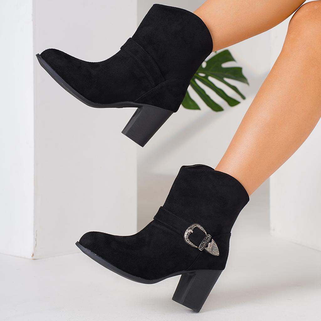 Женские сапоги весна-осень, круглые носки, средний каблук, черные, толстый каблук, короткие сапоги, большие размеры, женская мода, сексуальные туфли на высоком каблуке