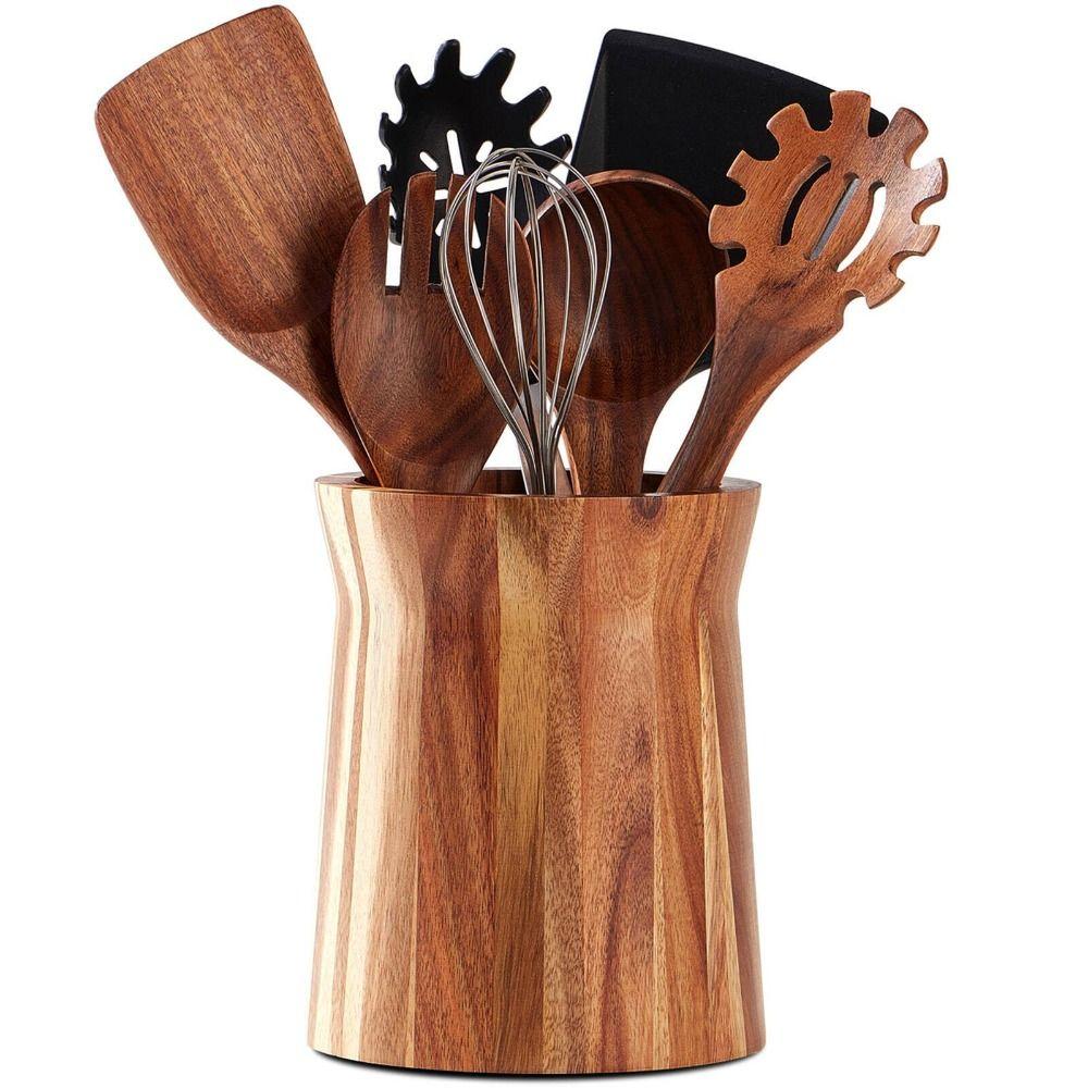 Wooden Cutlery Holder Acacia Wood Utensil Storage Box Portable Storage Rack Countertop