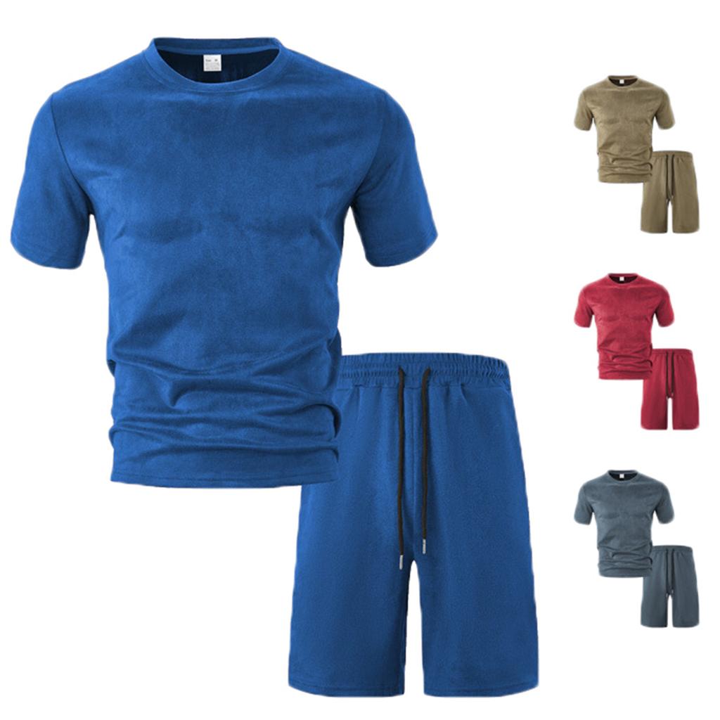Мужской однотонный повседневный комплект из двух предметов с круглым вырезом и короткими рукавами