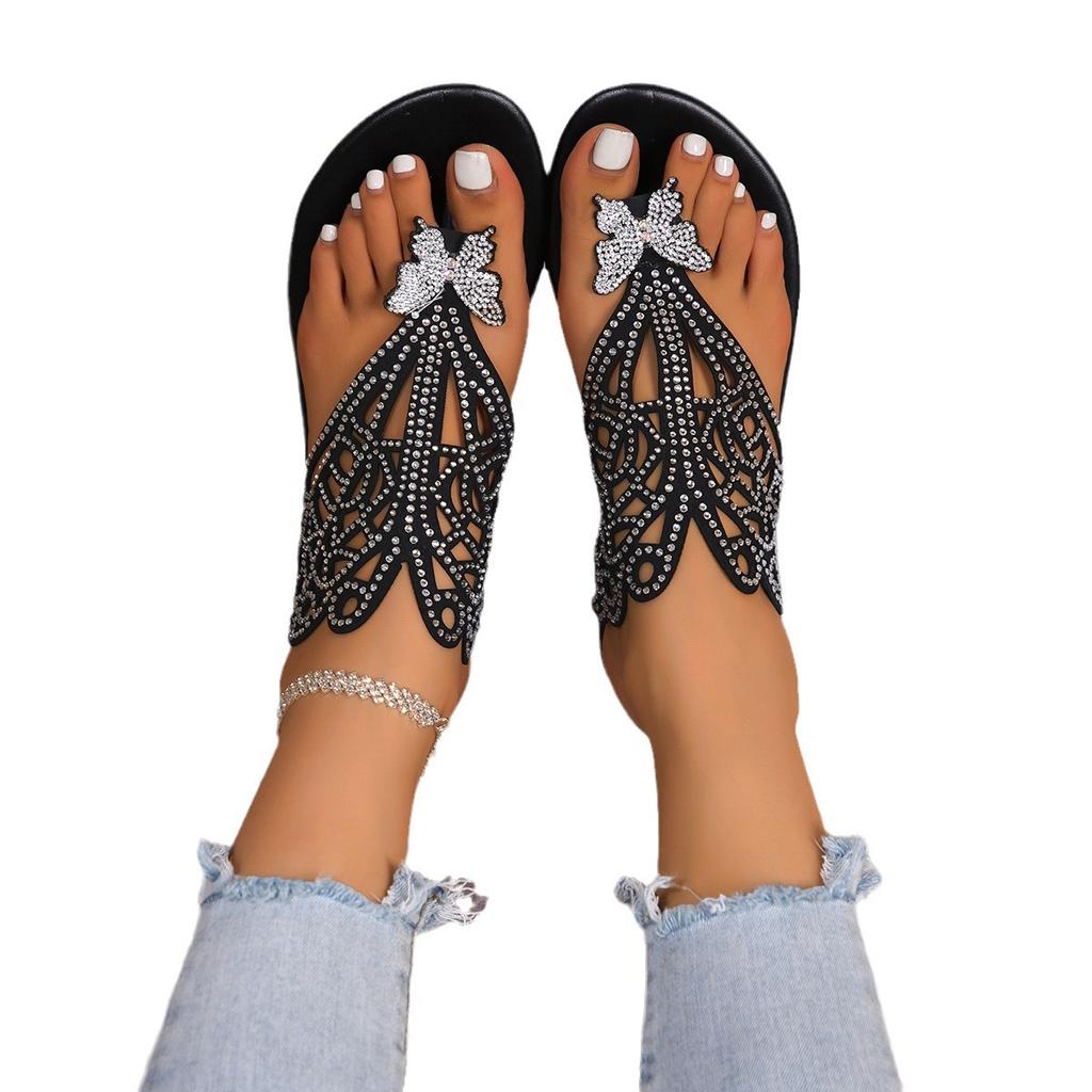 2025 new toe flat bottom fashion slippers women's rhinestone butterfly beach flip-flops large size Slippers