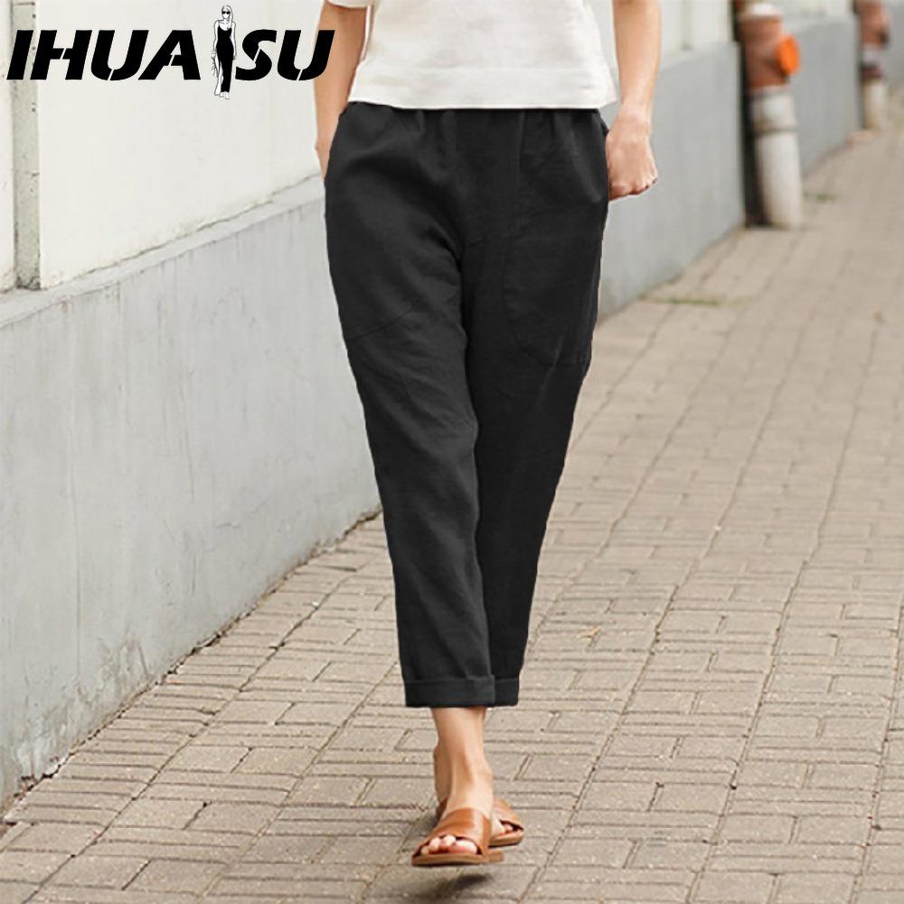 IHUASU Женские летние однотонные брюки с двойными карманами, свободные длинные брюки, женские хлопковые льняные брюки