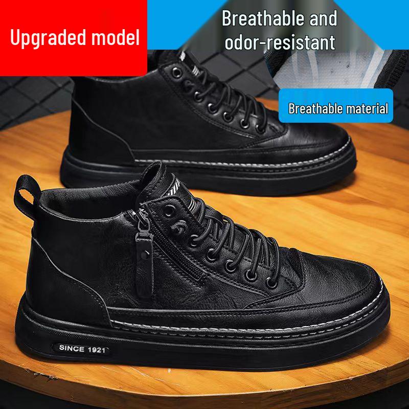 Мужские зимние высокие кожаные ботинки на плюшевой подкладке - Модные повседневные мартинсы для снега