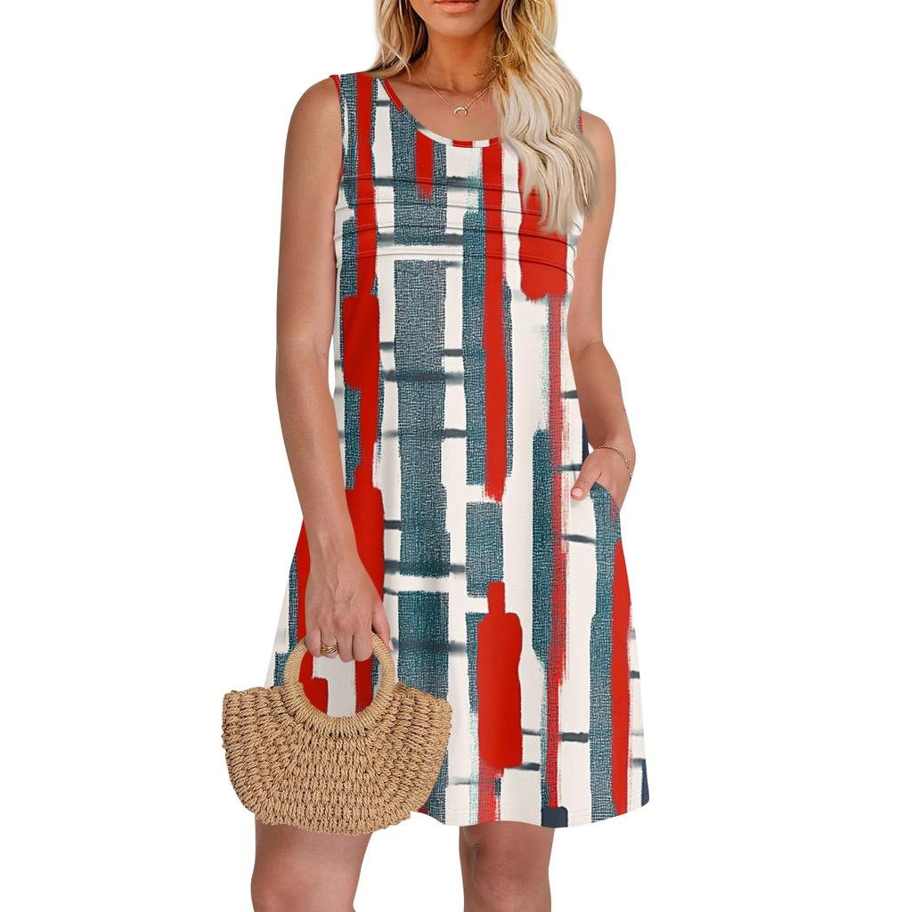 Женские летние платья с круглым вырезом, плиссировкой спереди, без рукавов, карманами, сарафаном, повседневным платьем