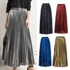 Women Maxi Skirt Elastic High Waist Pleated Golden Long Skirt Slimming Design Spring Summer Skirt Work Leisure Travel Wear