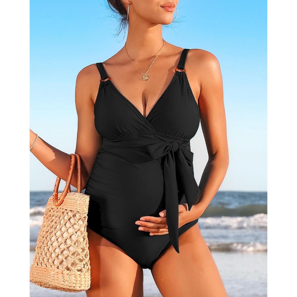 CHARMLEAKS Купальник для беременных Цельный купальный костюм с V-образным вырезом для беременных с завязками спереди и рюшами Купальники