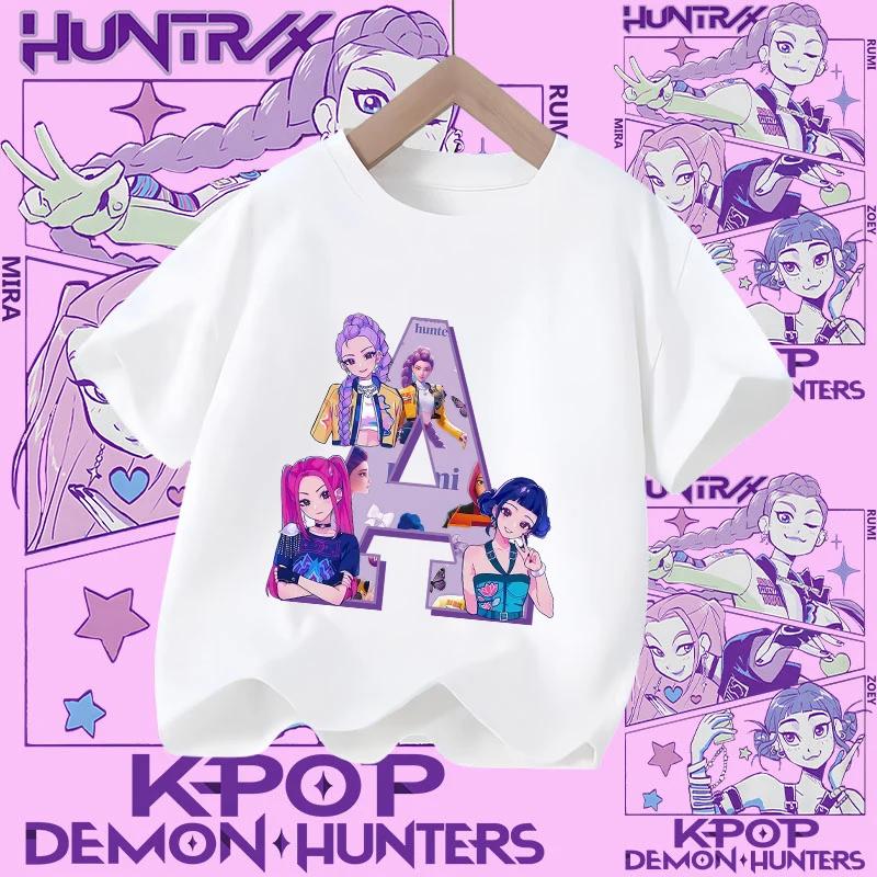 New Model A-Z Letter K-pop Demon Hunter Children's T-shirt for Girls, Sports Shirt, Summer Short-Sleeved Casual Top