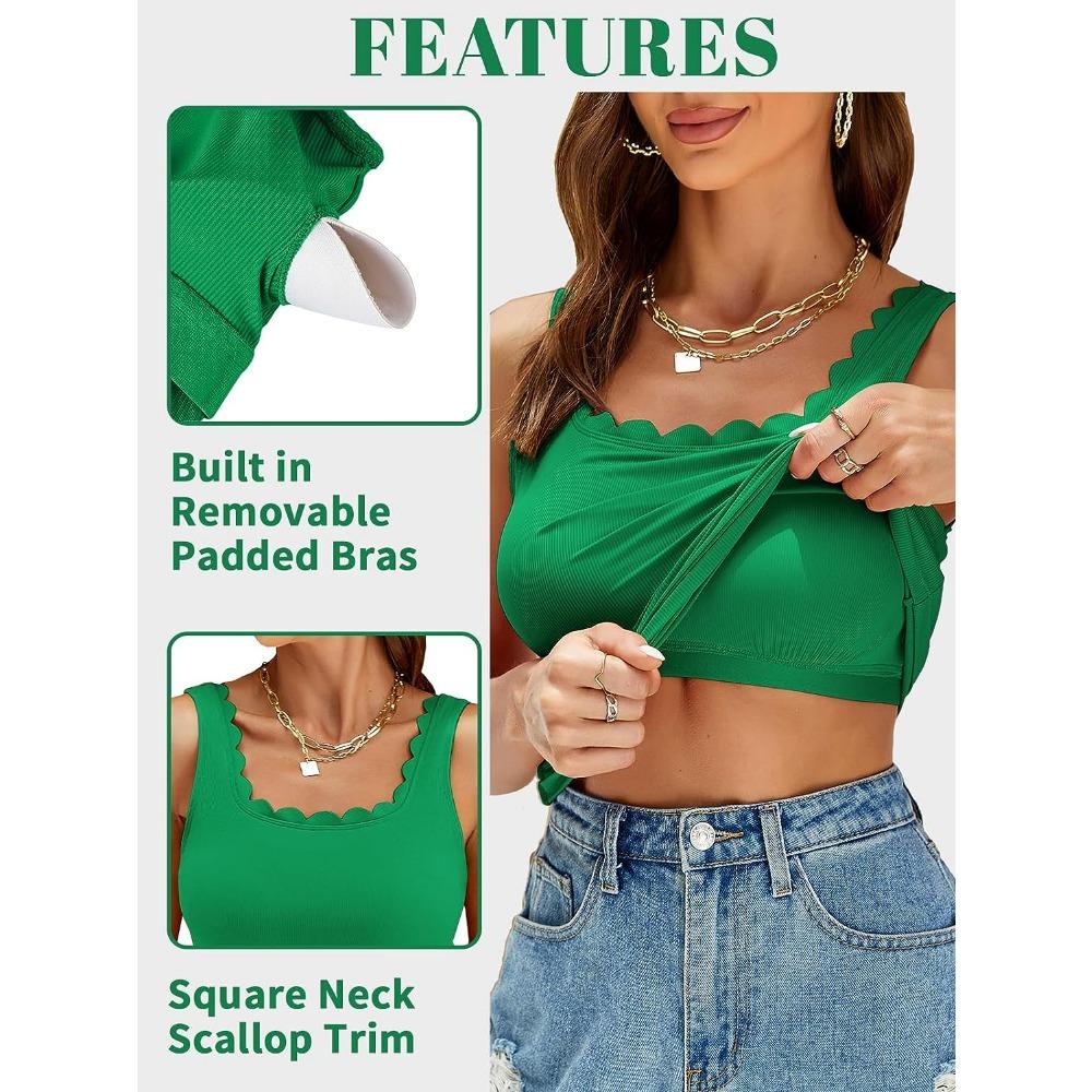 Attraco Встроенная бюстгальтерная майка для женщин с квадратным вырезом и отделкой фестонами, летняя майка без рукавов в рубчик