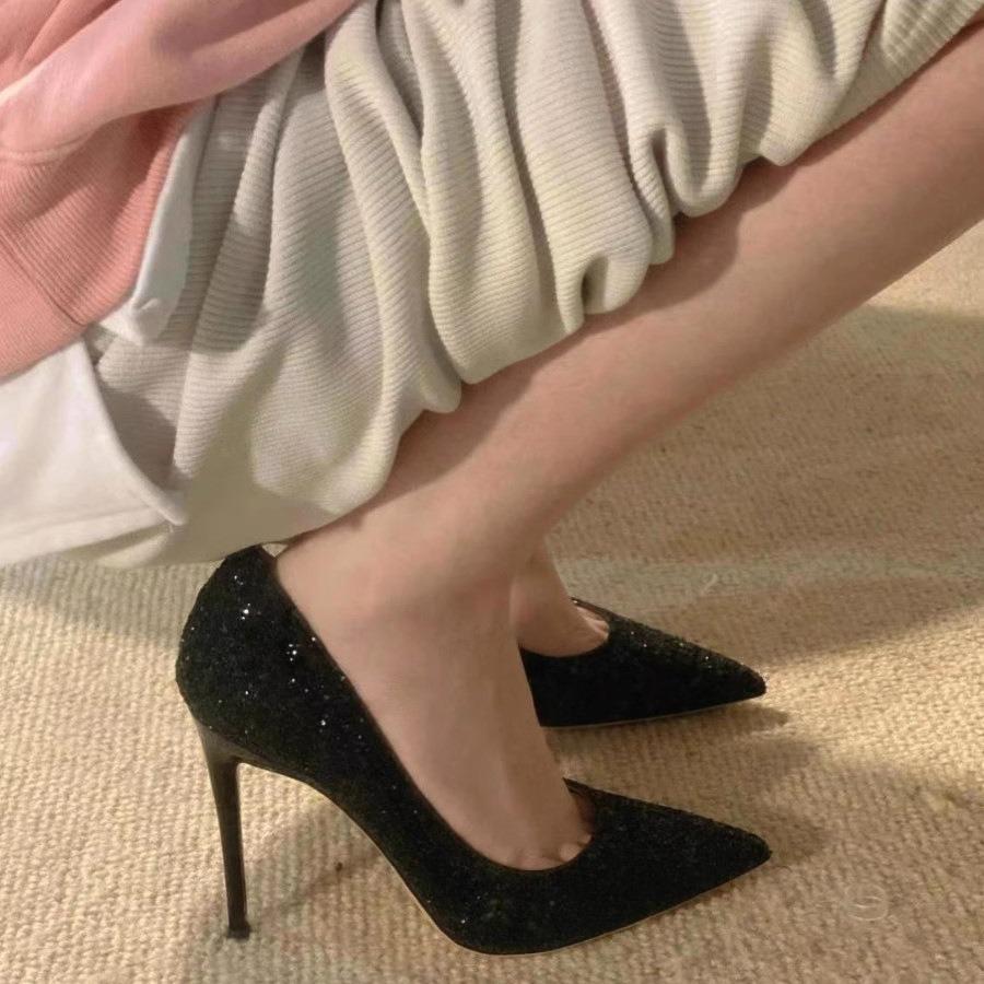 2024 новые туфли на высоком каблуке с красной подошвой, женские туфли с тонким каблуком и блестками, французские туфли для ночного шоу и профессионального подиума