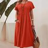 Cotton Linen Women Plus Size Short Sleeve Round Neck Summer Dress Solid Color Pleated Pocket S-5XL