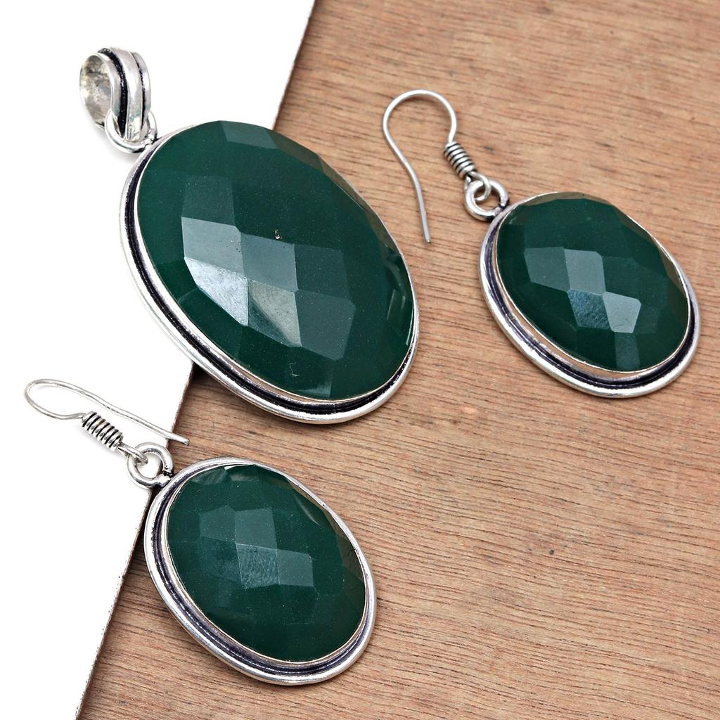 Onyx Green Pendant Set Earrings Jewelry Gemstone Handmade Ethnic