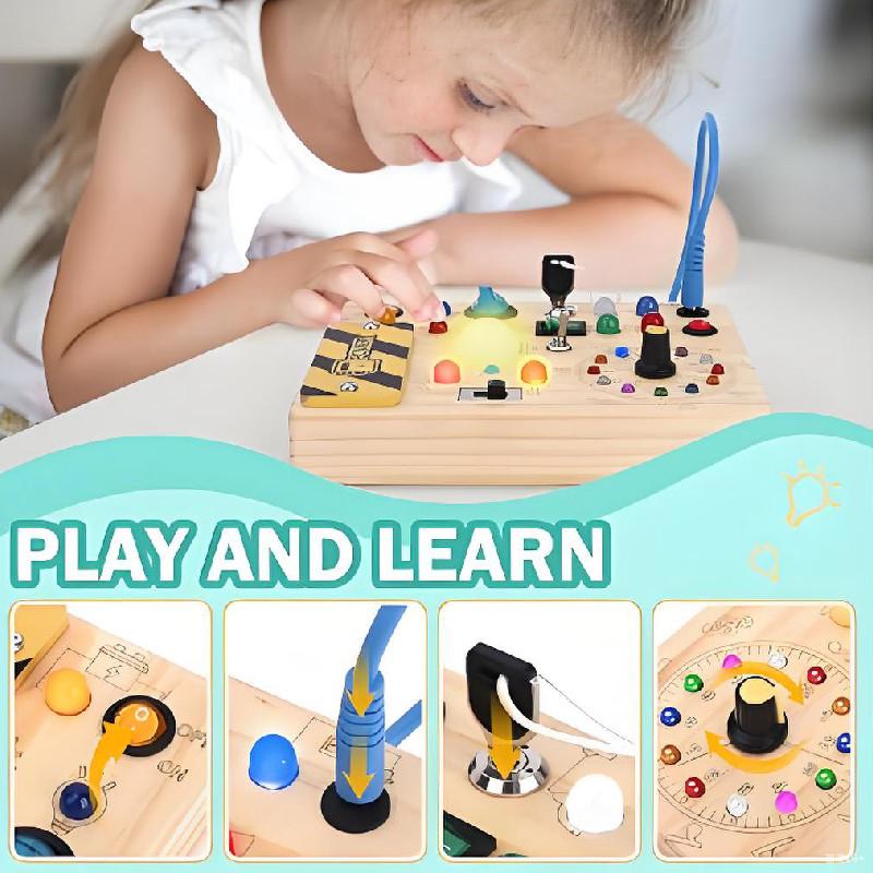 Board Busy Montessori Kids Activity Wooden Toy With Switches Led Sensory Light