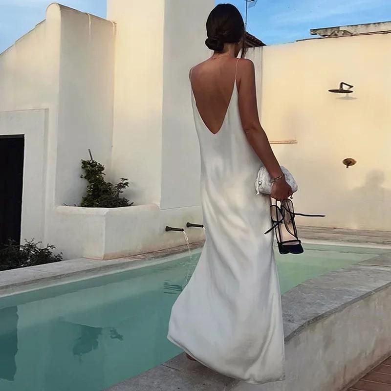 Womens Sleeveless Backless Layered Cami Dress A-Line Long Skirt Pure Color U-Neck Midi To Maxi