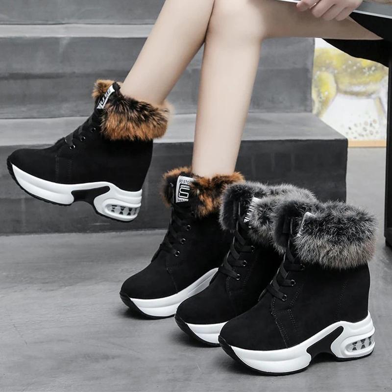 Женские ботильоны, теплая плюшевая зимняя обувь для женщин, ботинки на танкетке, женские ботинки на высоком каблуке, женские кожаные зимние ботинки, зимняя обувь