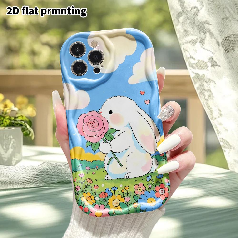 Phone Case: 2D flat design suitable for iPhone 18, 17, 16, 15, 14, 13 Pro protective case, holding a rose with a white rabbit, perfect Christmas and H