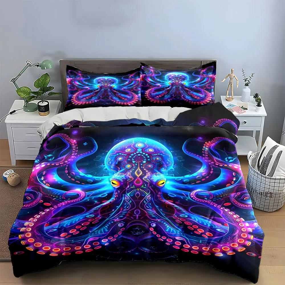 Colorful Octopus Art Decor Set Bedding Set with 1 Duvet Cover 2 Pillowcases Single Double King Queen Gift