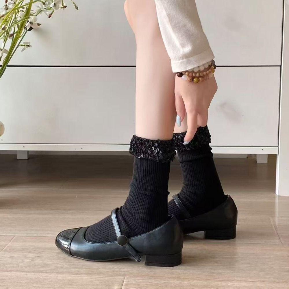 Shiny Sequin Short Socks Solid Color Middle Tube Hosiery Soft Girls Glitter Socks Elastic