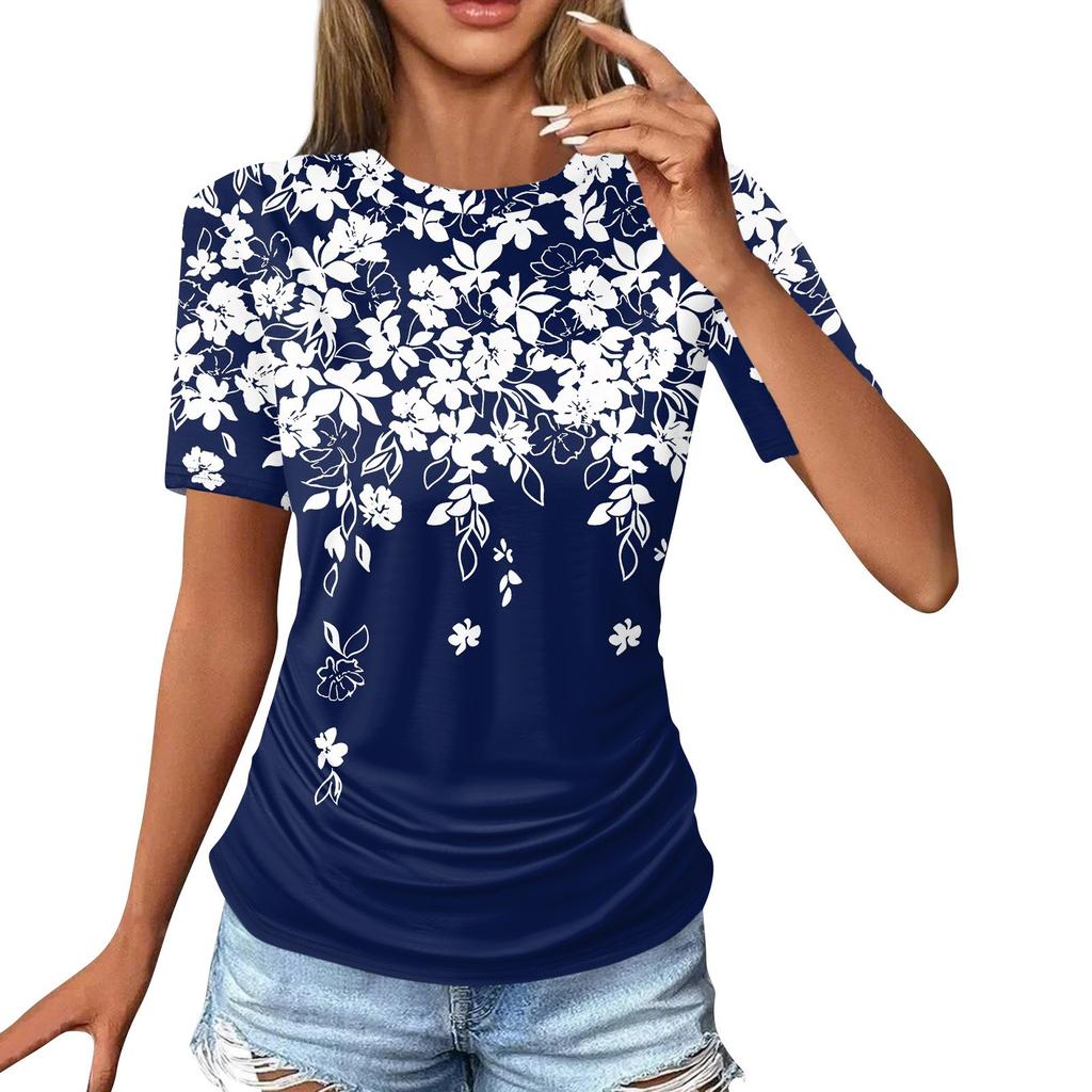 Women's T Shirts Fashion Casual Tops Round Neck Short Sleeve Printed Tunic