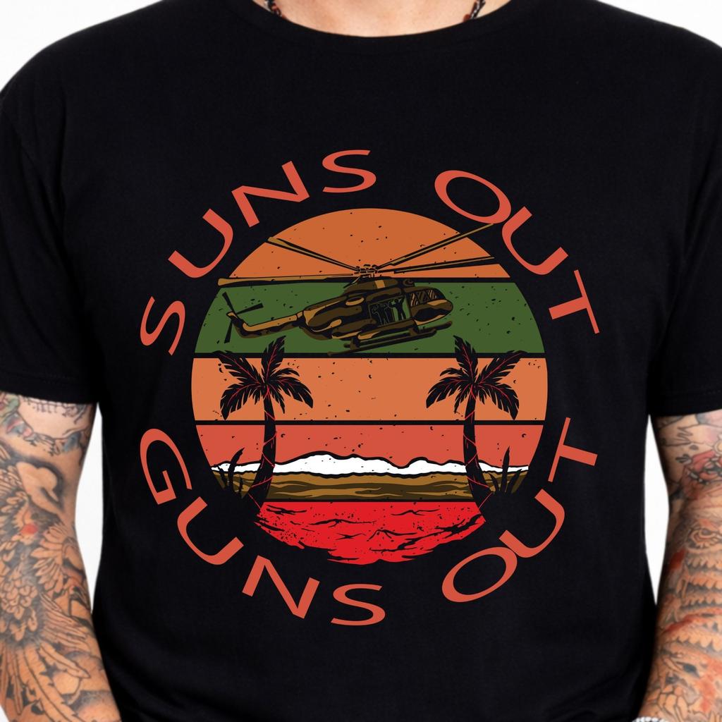 Suns Out Guns Out Military Helicopter Sunset Palm Trees Vintage Graphic T-Shirt.